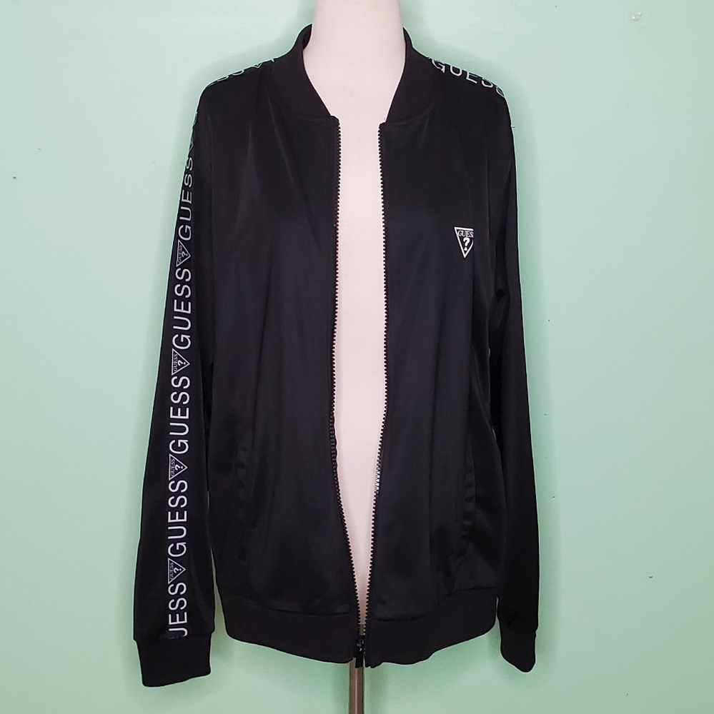 Guess Black Satin Logo Stripe Track Jacket - Picture 3 of 9